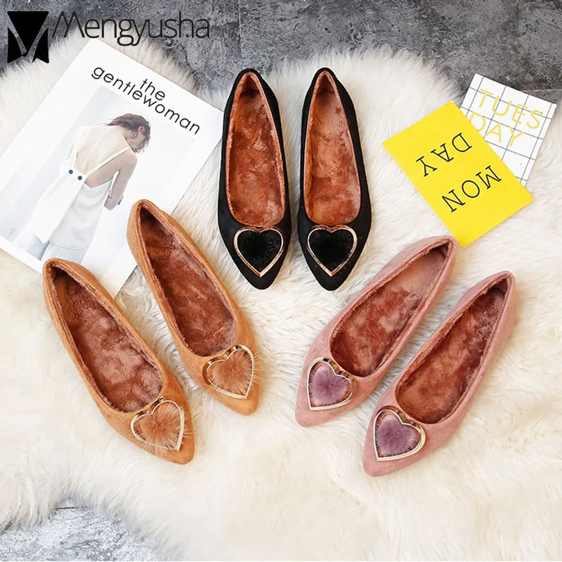 

Newest Winter plush mules women mink fur lazy flats big size heart buckle soft sole loafers warm korean oxford snow shoes femme