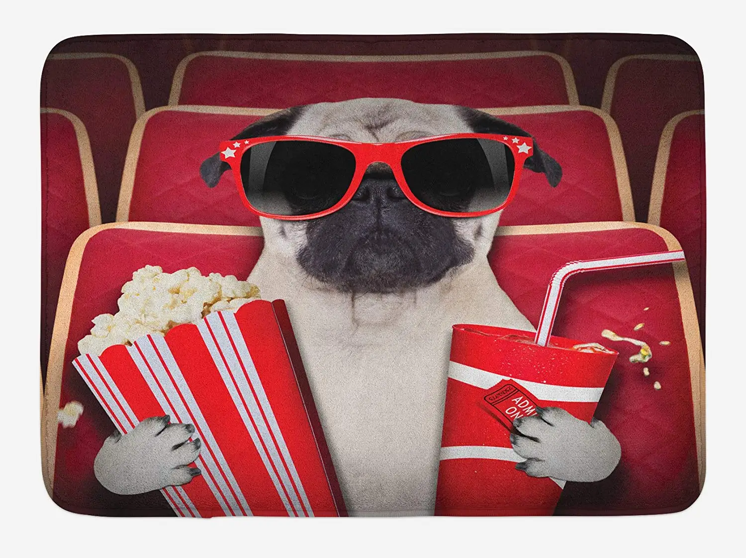 

Pug Bath Mat Funny Dog Watching Movie Popcorn Soft Drink and Glasses Animal Photograph Print Plush Bathroom Mat