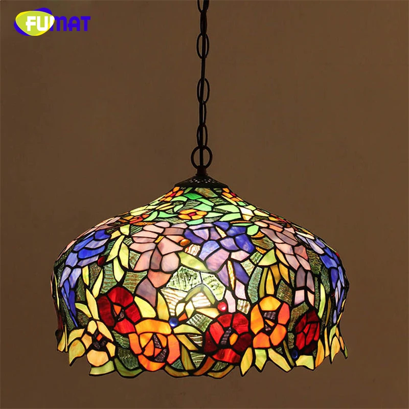 FUMAT Stained Glass Pendant Light Tiffany Color Glass Art Hanging Lamp