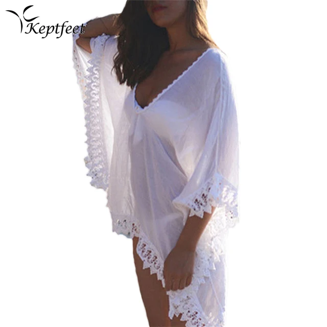 2018 Chiffon White Beach Wear Women Beachwear Swimwear Bikini Beach Wear Lace Cover Up Kaftan Ladies Summer Dress