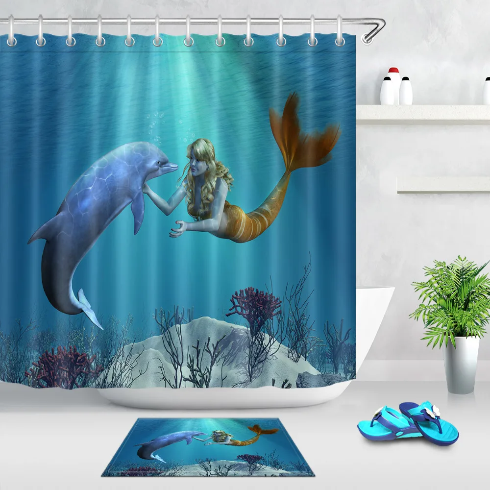 

LB Mermaid and Dolphins Dancing in the Sun on the Blue Sea Shower Curtain Waterproof For Girl Bathroom Home Decor with 12 hooks