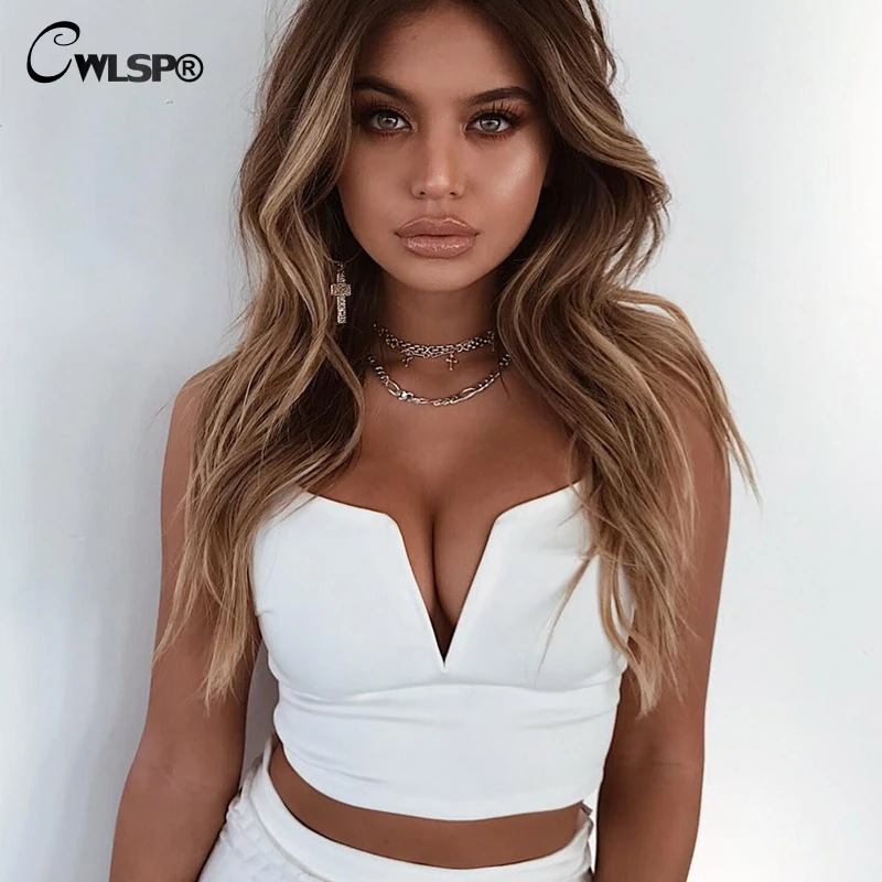 

CWLSP Sexy V neck White Black Solid Crop Tops Women Camis Summer cropped Bra Slim Tank Tops Strap Short Top haut femme QL3699