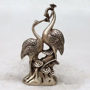 

China antique Tibetan silver A pair of cranes Ganoderma lucidumFigurines Statues