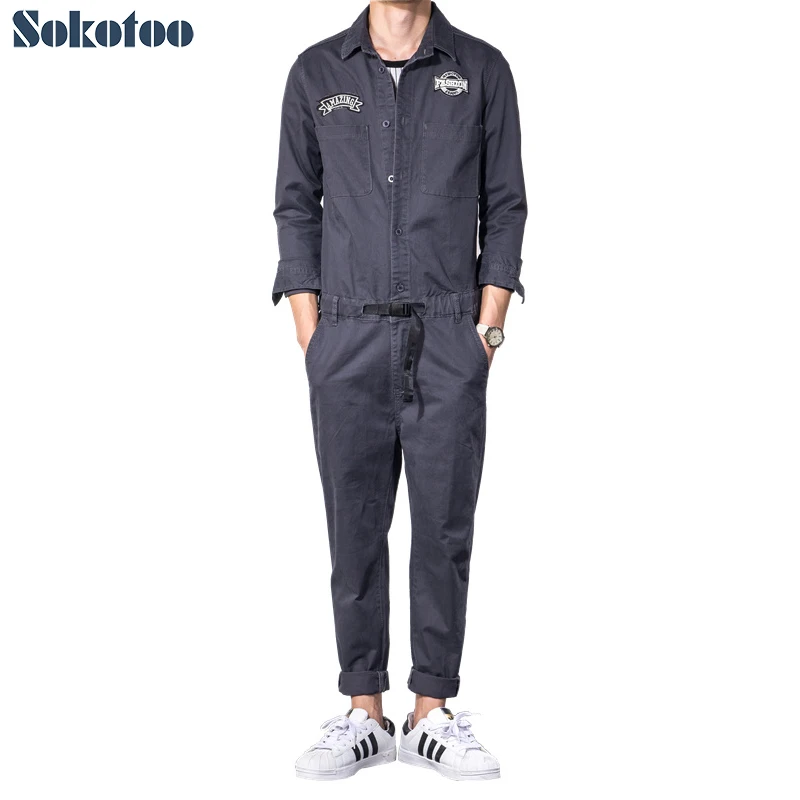 Sokotoo Men's dark gray long sleeve slim jumpsuits Casual elastic waist patches design jeans overalls set Sokotoo Men's dark gray long sleeve slim jumpsuits Casual elastic waist patches design jeans overalls set