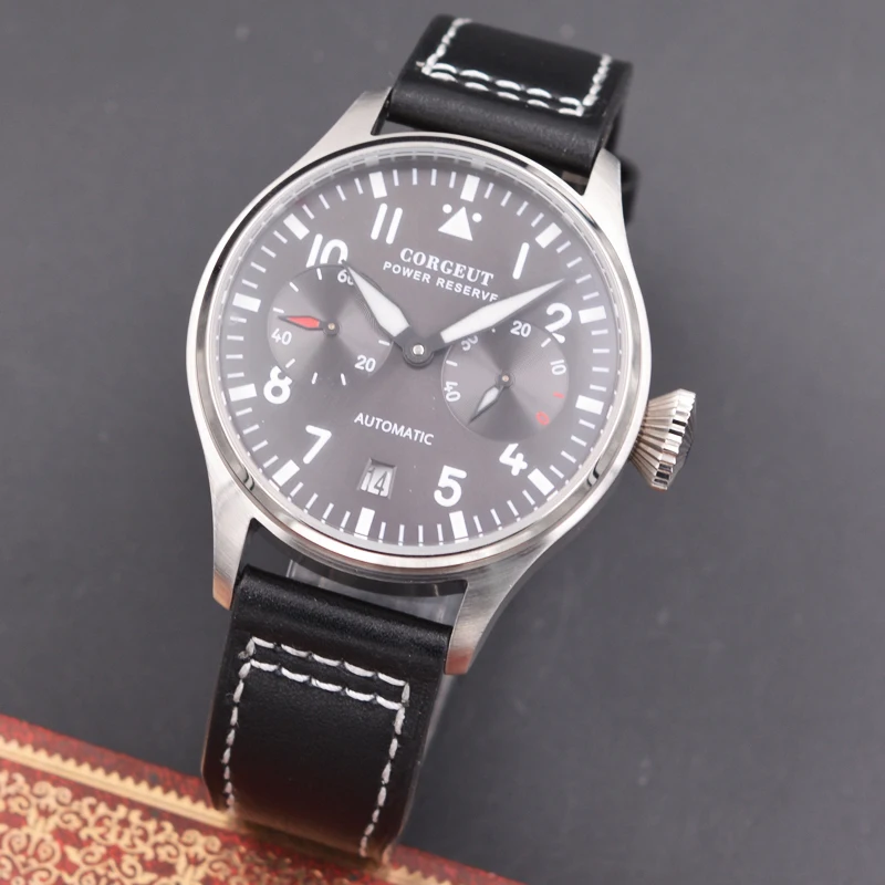 

NEW 42mm Corgeut Power Reserve gray dial mechanical Automatic men Watch Leather strap