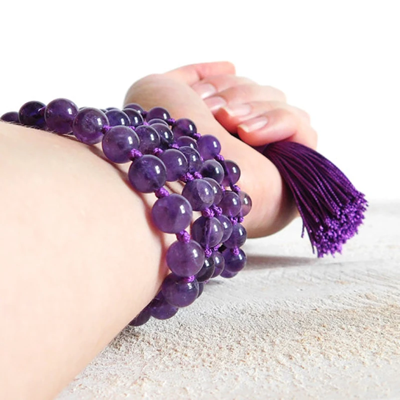 Высокое Качество натуральные аметисты завязанные Мала ожерелье медитация колье с целебным кулоном 108 фиолетовый Q-uartz завязанные кисточкой ювелирные изделия для женщин
