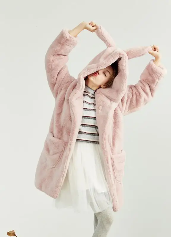 Зимняя женская теплая куртка-бомбер с искусственным мехом, пальто-Тренч с пряжками и ушками кролика, Повседневная Длинная Куртка с капюшоном, верхняя одежда из меха норки - Цвет: pink