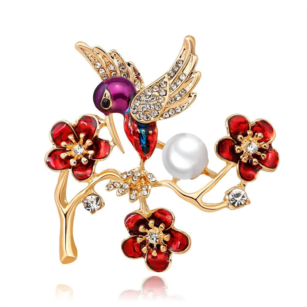 

Plum Blossom with Bird Brooches Pins for Women Red Enamel Flower Rhinestone Pearls Bouquet Brooch Pins Coat Badge Jewelry