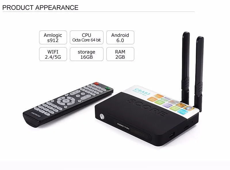 CSA93 Amlogic S912 Восьмиядерный процессор ARM 2G/16G Android 6,0 tv Box WiFi BT4.0 2,4G/5,8G H.265 4K Smart медиаплеер