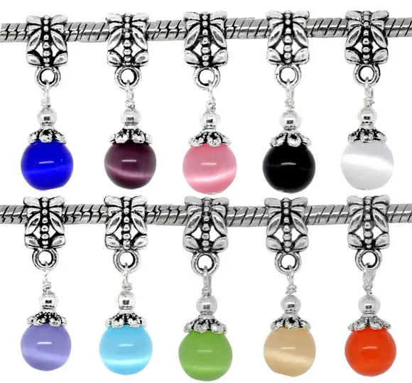 

10Mixed Cat's Eye Glass Dangling Pendants Fit Charm Bracelet