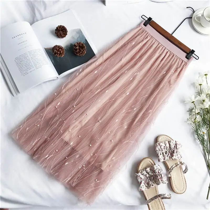 ONLYWONG Женская плиссированная юбка средней длины с высокой талией, украшенная бусинами, женская черная розовая сетчатая юбка миди, Женские однотонные юбки из тюля