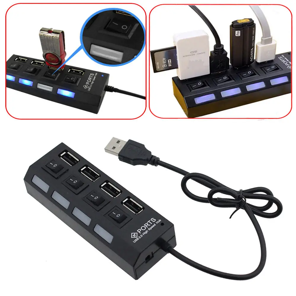 

4 Port USB 2.0 Multi Charger Hub USB Splitter Cable Adapter 4 Slots USB2.0 High Speed Power ON/OFF Switch for Laptop PC Tablet