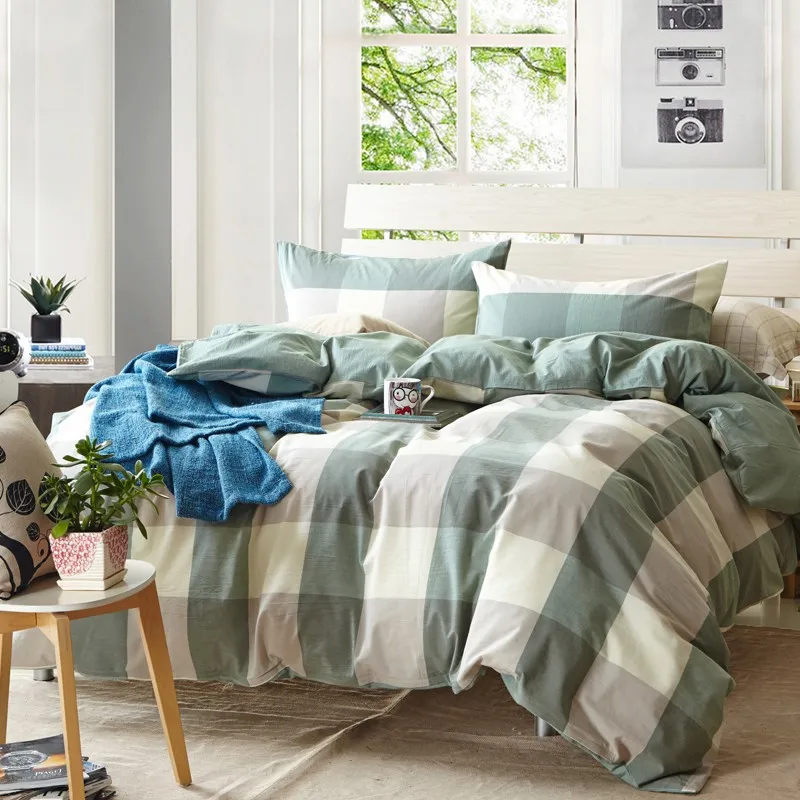 Japan Korean style Green big check plaid 100 water washed cotton 3pcs