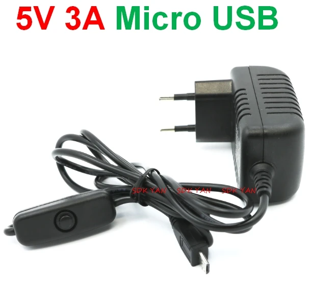 2 шт 5 в 3 А mirro usb Кнопка ВКЛ/ВЫКЛ зарядное устройство ЕС 5 в 3 А микро USB зарядное устройство Raspberry PI 3 адаптер питания 5 В 3 А микро