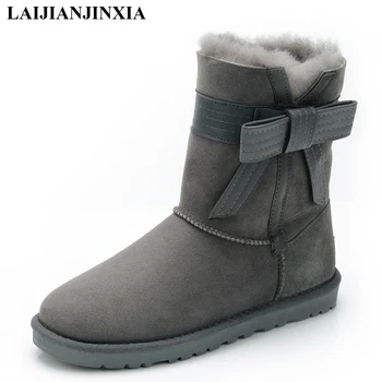

LAIJIANJINXIA Women Boots Genuine Sheepskin Leather Snow Boots 100% Natural Fur Women's Warm Wool Winter Boots Mid-Calf Boots