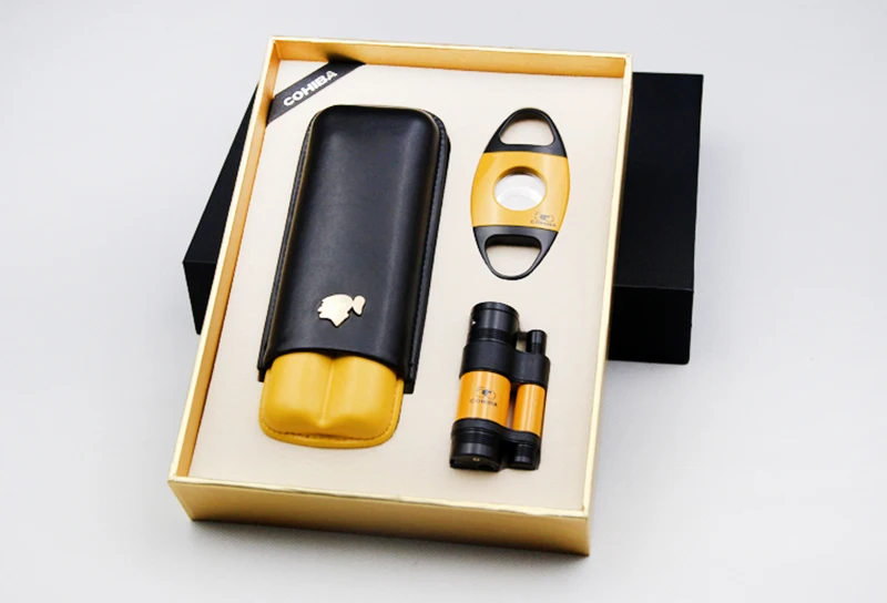 

50th Anniversary Edition COHIBA Cigar Set with Leather 2 Tube Cigar Humidor Cigar Cutter & Gas Lighter, Best Gift for Cigar