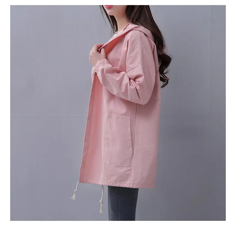 

Spring Autumn Women Windbreaker Female Long Loose Hooded jacket Coat Casual Solid Jackets Clothes