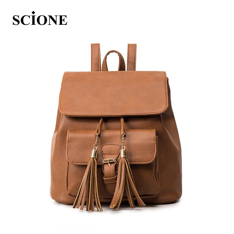 2017 New Fashion Women Backpacks Retro Double Tassel Solid PU Leather Lady Backpack Girls School Bag