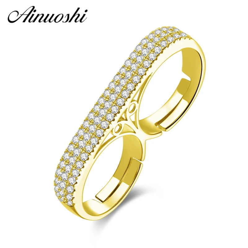 

AINUOSHI 10K Solid Yellow Gold Double Finger Regulable band Ring Lady Engagement Anniversary Adjustable Ring Anniversary Jewelry