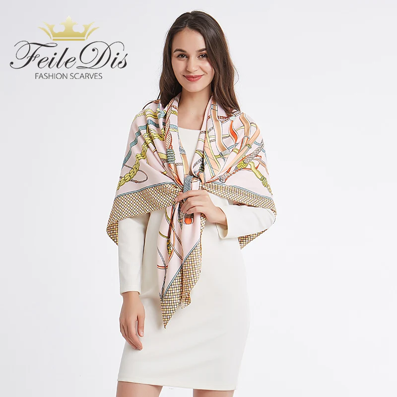 

[FEILEDIS] 100% Silk Scarf Women Large Shawls Print Stoles Square Bandana Luxury Brand Kerchief Scarf Female 130*130 ASN15