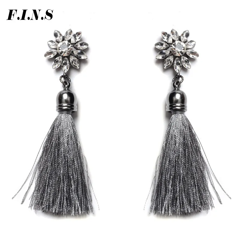

F.I.N.S Woman Earings Fashion Jewelry 2018 Boho Earrings Hanging Drop Grey Tassel Earring Crystal Flower Long Earrings For Women