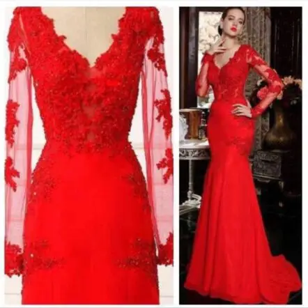 

High Quality V Neck Full Sleeves Red Mermaid Prom Dress 2018 Lace Long Fomal Dress Saudi Arabia Lady Evening Gown