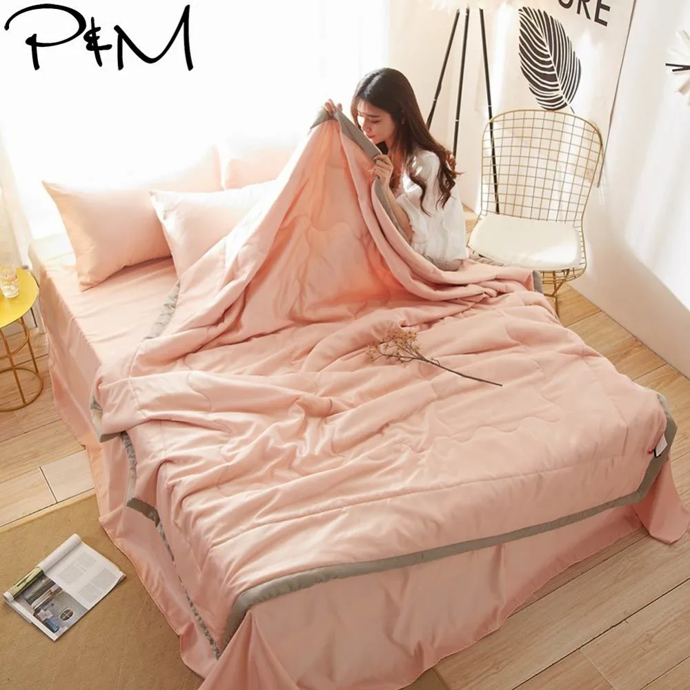 

2019 Light Salmon Quilting Quilt Set Satin Polyester Fabric Polyester Twin Queen Size Summer Comforter Bedsheet Pillowcases