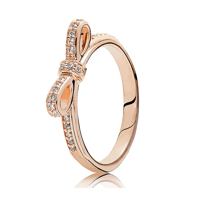 30% 925 Silver Rose Gold Delicate Bow Rings With Crystal For Women Wedding Party Gift Fine Europe Jewelry