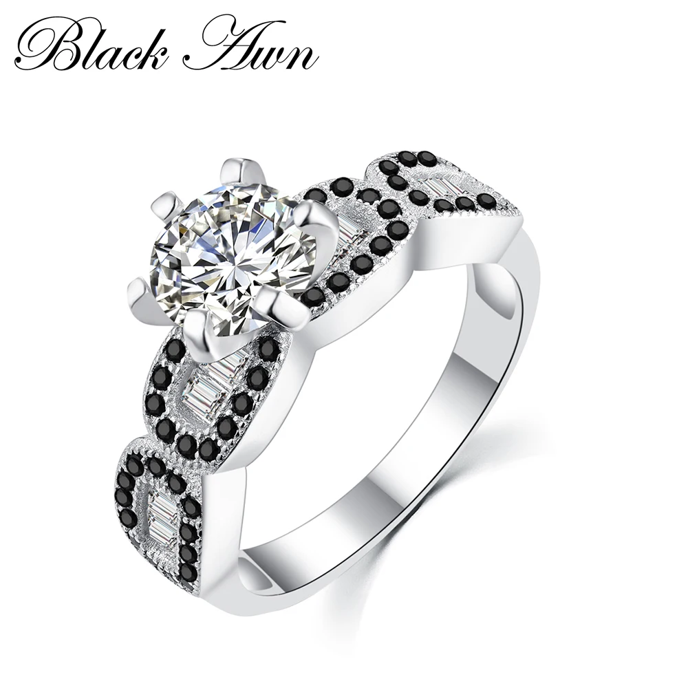 

[BLACK AWN] Genuine 100% 925 Sterling Silver Jewelry Black&White Stone Wedding Rings for Women Femme Bague C236