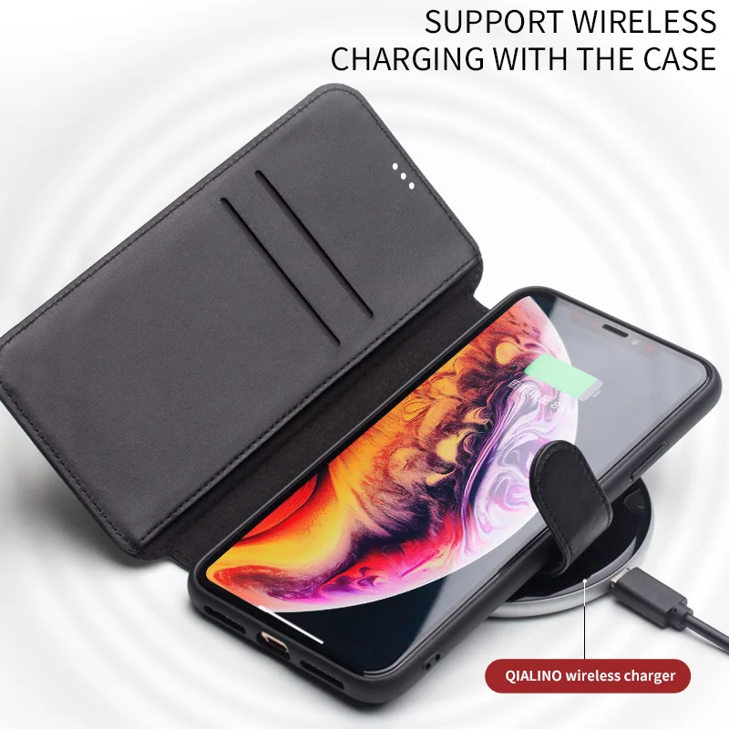 QIALINO Stylish Genuine Leather Flip Case for iPhone X/XS/XR Max Magnetic Buckle Handmade Card Slot Phone Cover for iPhone11 Pro
