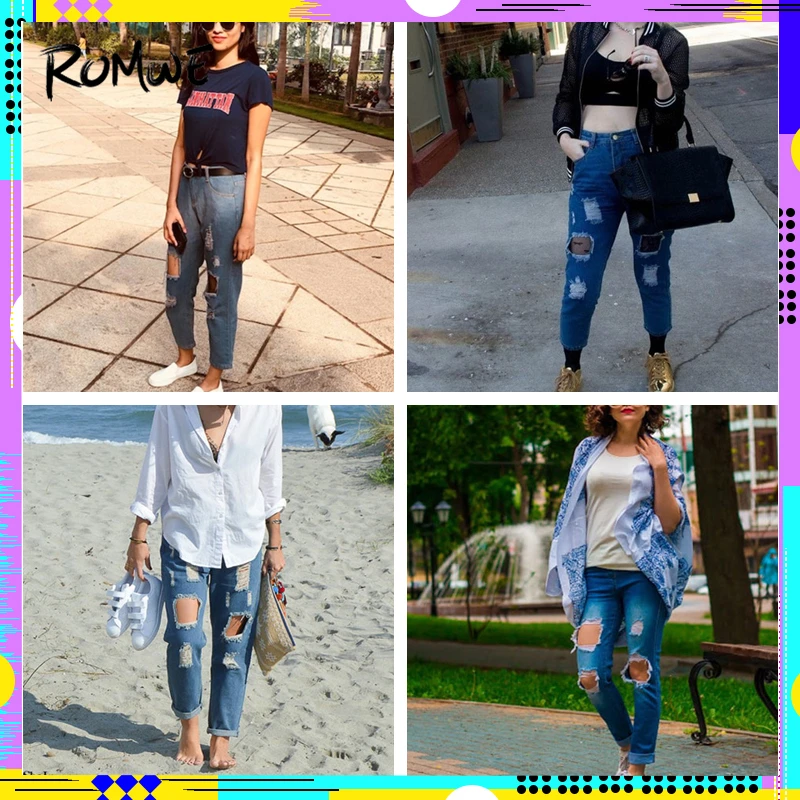 ROMWE Blue Ripped Distressed Boyfriend Ankle Denim Jeans Women Casual Summer Autumn Plain Straight Leg Pants Spring Trousers