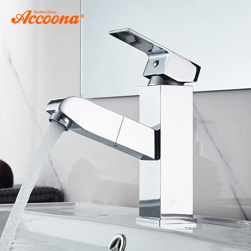 Accoona Однорычажный смеситель для ванной комнаты, хромированный полированный Твердый латунный выдвижной смеситель для раковины, смеситель для воды, краны, смесители, A9290-3