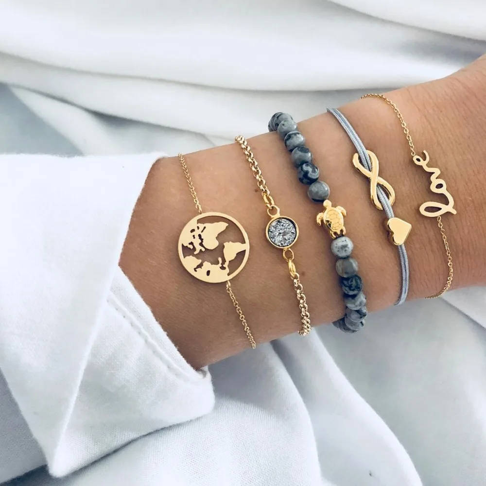 

5PCS/Set Turtle Heart Earth Map Bead Charm Bracelets For Women 2019 Boho Crystal Stone Infinite Chain Bracelet Jewelry Wholesale