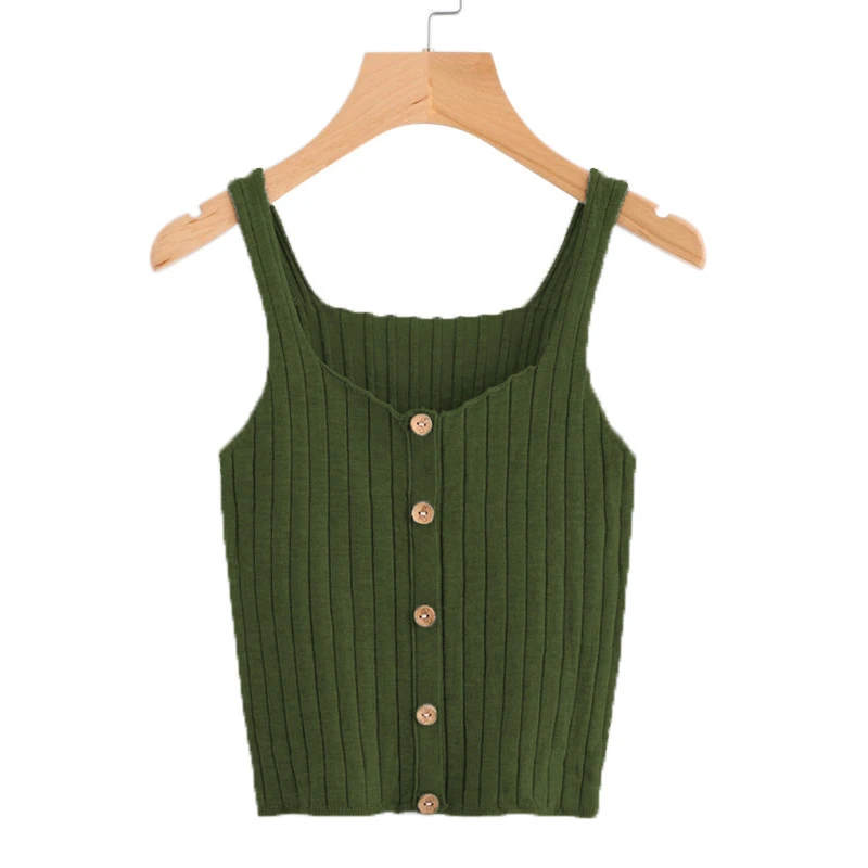 Дамы Кнопку Up Rib Knit плотная Топы Scoop шеи майка для отпуска Для женщин летние узкие камзол кэжуал рубашка