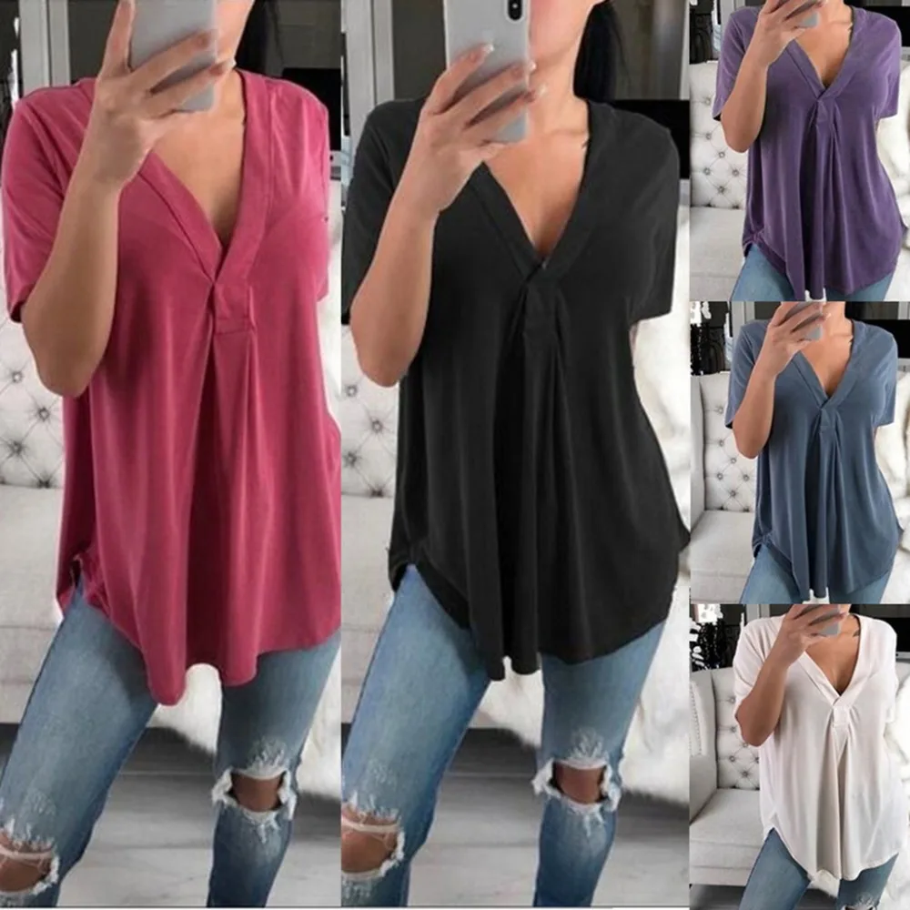 

2019 Plus Size Women Summer Blouse Tops Casual Loose Short Sleeve Solid V-Neck Blouses Shirts