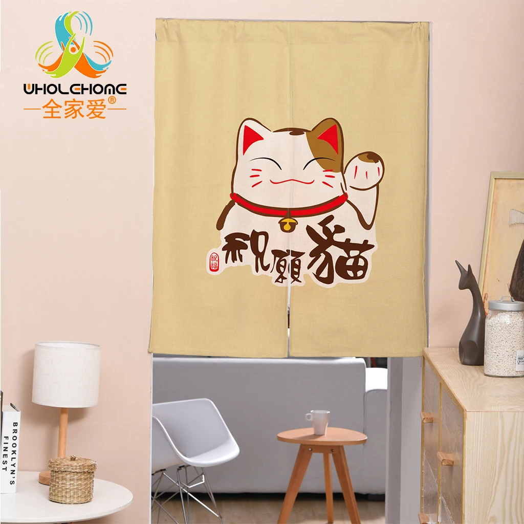 Japanese Door Curtain Linen Cotton Wave Cat Printed Curtains for Living