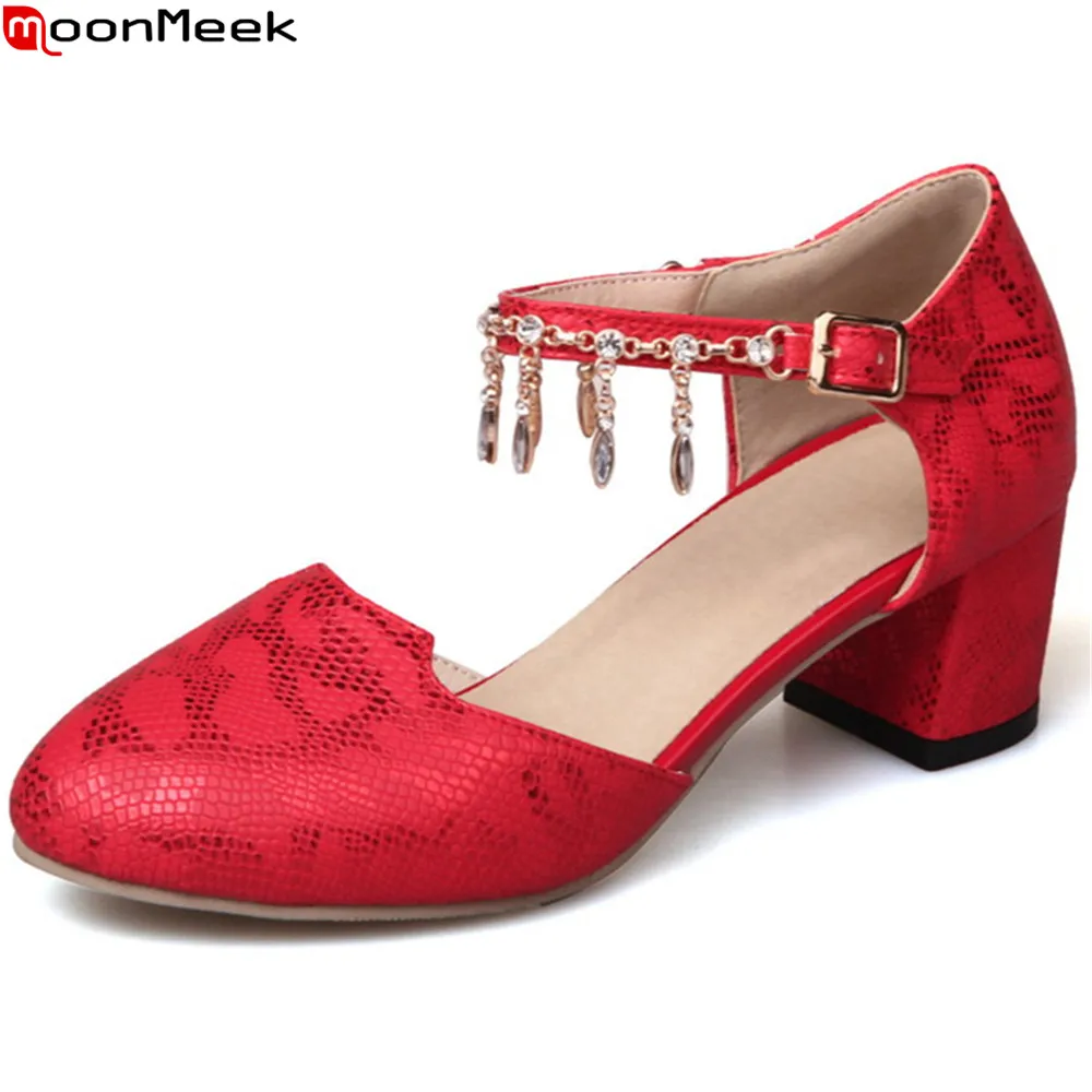 

MoonMeek black red pink size 43 fashion spring autumn new 2018 single shoes round toe buckle casual women high heels shoes
