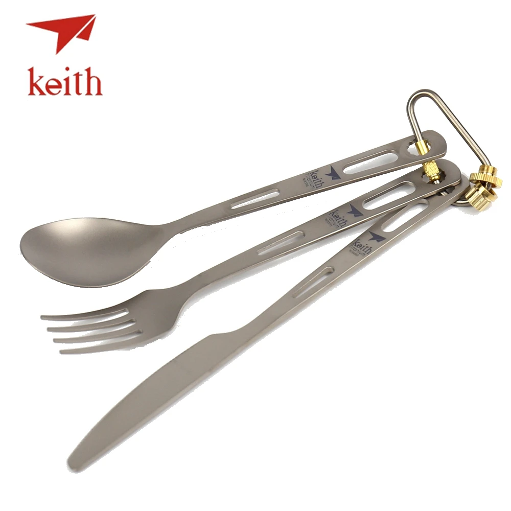 Keith Titanium Fork Spoon Knife Cutlery Sets With Titanium Carabiner Outdoor Camping Travel Tableware Picnic Hiking Spork 53g Keith Titanium Fork Spoon Knife Cutlery Sets With Titanium Carabiner Outdoor Camping Travel Tableware Picnic Hiking Spork 53g