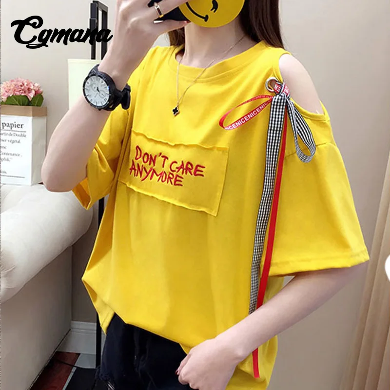 CGmana T Shirt Women 2018 Letter Printed Cotton T-shirt Female Strapless Ribbon Loose Short-Sleeved Women T-shirt Casual Top Tee Tops