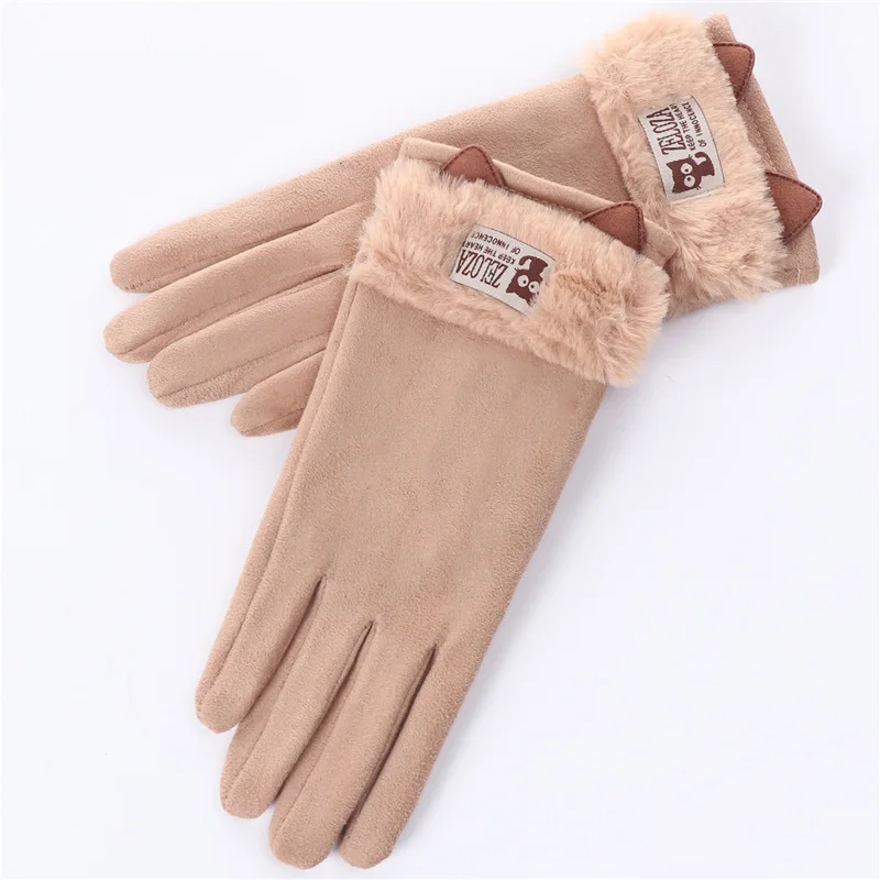 Touch screen gloves ladies winter warm suede leather mittens lovely rabbit cat ears plus velvet thickening driving gloves D33