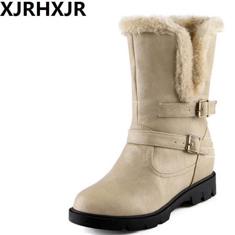 

XJRHXJR Shoes Woman Fashion Buckle Snow Boots Autumn Winter Plush Warm Shoes Ladies Mid-calf Fur Boots Slip On Comfort Shoes