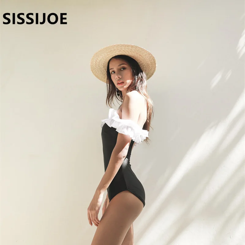 

sexy black Off Shoulder Female Swimsuit High Waist Bikini Ruffled swimwear one piece swimsuit