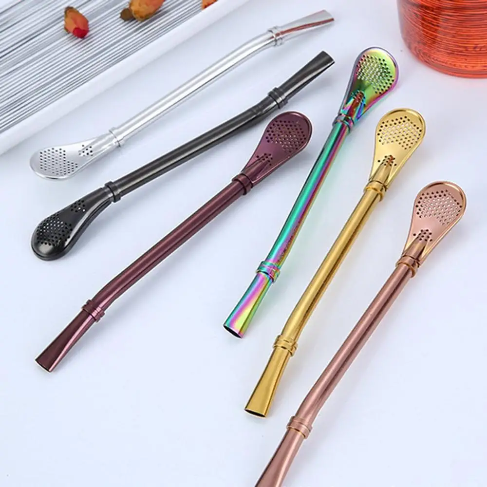 Stainless Steel Spoon Portable Tea Scoop Reusable Design Stainless Steel Straws Cocktail Coffee Stirring Spoon
