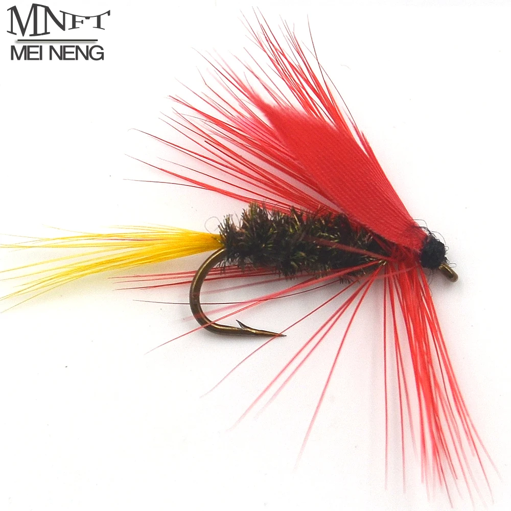 Mnft 10Pcs 10 # Oliva Rosso Ala Pavone Capelli Corpo Mayfly Pesca Alla Trota Mosche Secche Taglia Pesca A Mosca