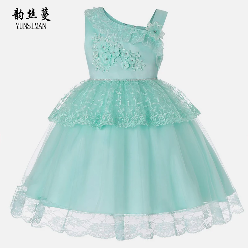 

Fashion Girls Dress Size 4 6 8 10 12 to 14 Year Sleeveless Flower Embroidery Green Lace Party Dresses Kids Evening Clothes 1Q1B