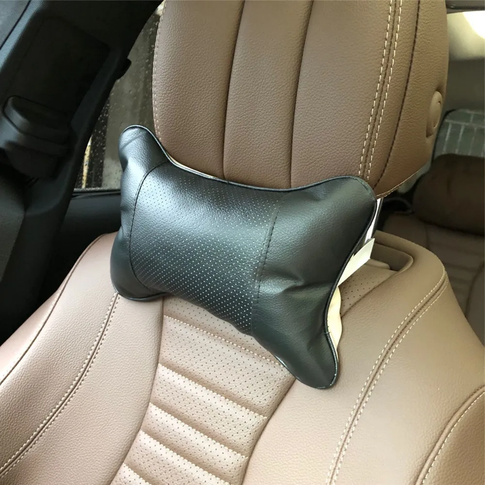 2Pcs Black Color Real Leather Car Seat Neck Pillow Car Headrest Fit For KIA Car