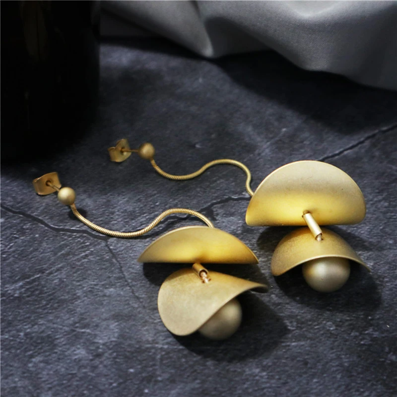 HUANZHI S925 Matte Metal Gold Double Layer Irregular Wave Twisted Circle Long Tassel Ball Earrings for Women Ear Line - Image 2