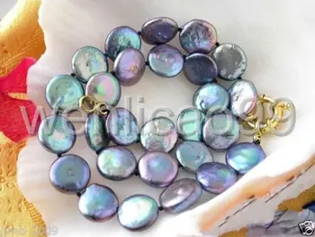 

RARE LARGE 13-14MM NATURAL BLACK COIN SHAPE FRESHWATER PEARL NECKLACE 18"AAA+