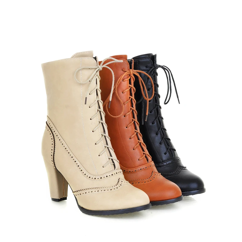 Большой размер 43; теплая Женская обувь с перфорацией типа «броги»; Модные женские ботильоны на высоком каблуке со шнурками; осенне-зимняя женская обувь; ботинки