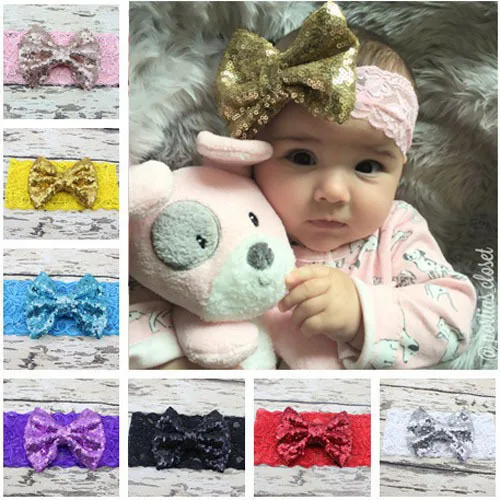 

Baby lace sequin bowknot headbands Toddler lovely big top knot hair accessories Infant elastic hair bands 12colors 1pc HB437